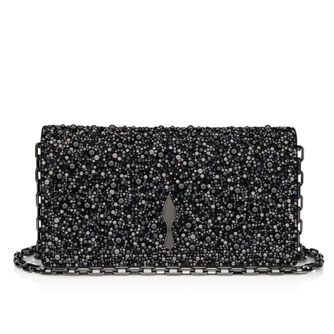 Bettina – Clutch – Veau Velours, Strass and Pearls – Black